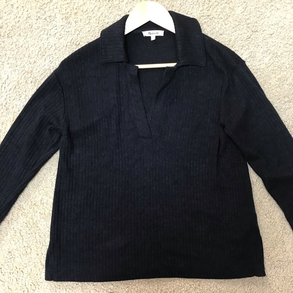 Madewell Relaxed Long-Sleeve Polo Tee in Jet Black - XXS - Picture 2 of 6